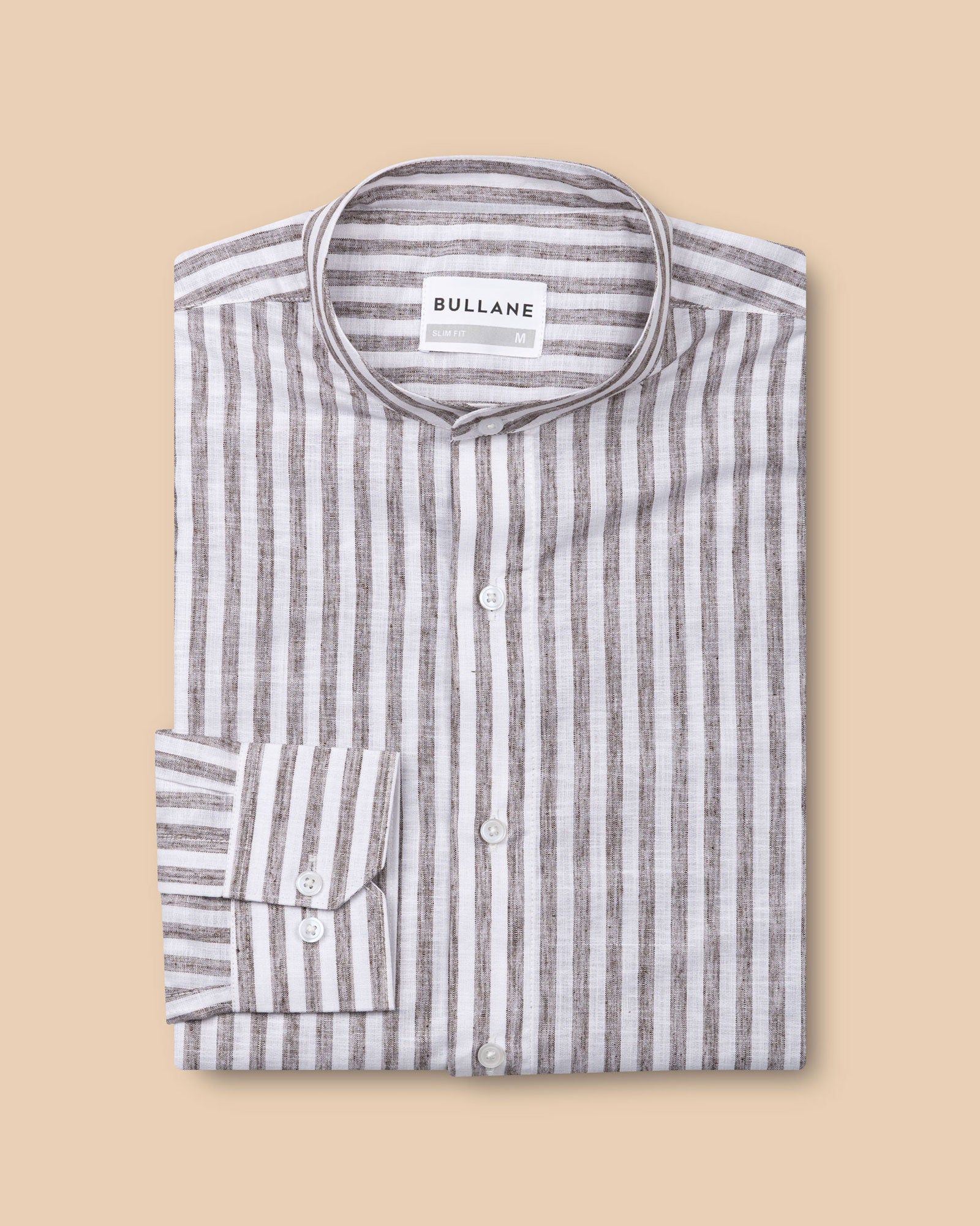 Axelts Brown Linen Stripe Mandarin Shirt - Bullane