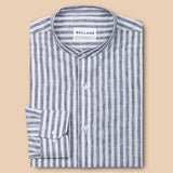 Axelts Navy Blue Linen Stripe Mandarin Shirt - Bullane