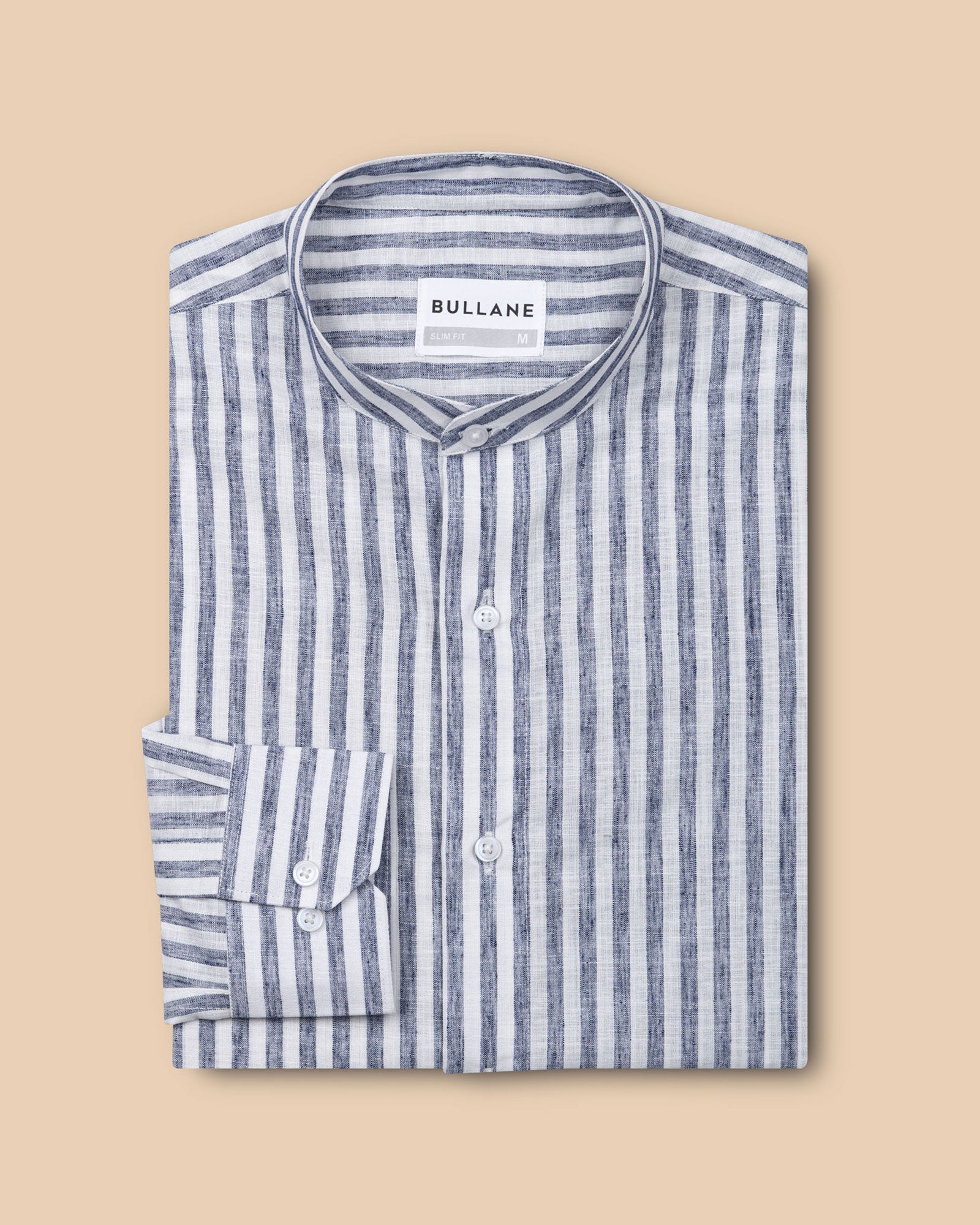 Axelts Navy Blue Linen Stripe Mandarin Shirt - Bullane