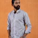 Axelts Navy Blue Linen Stripe Mandarin Shirt