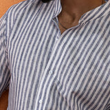 Axelts Navy Blue Linen Stripe Mandarin Shirt