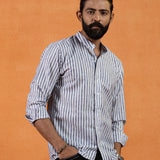 Axelts Navy Blue Linen Stripe Mandarin Shirt