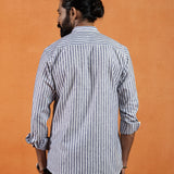 Axelts Navy Blue Linen Stripe Mandarin Shirt