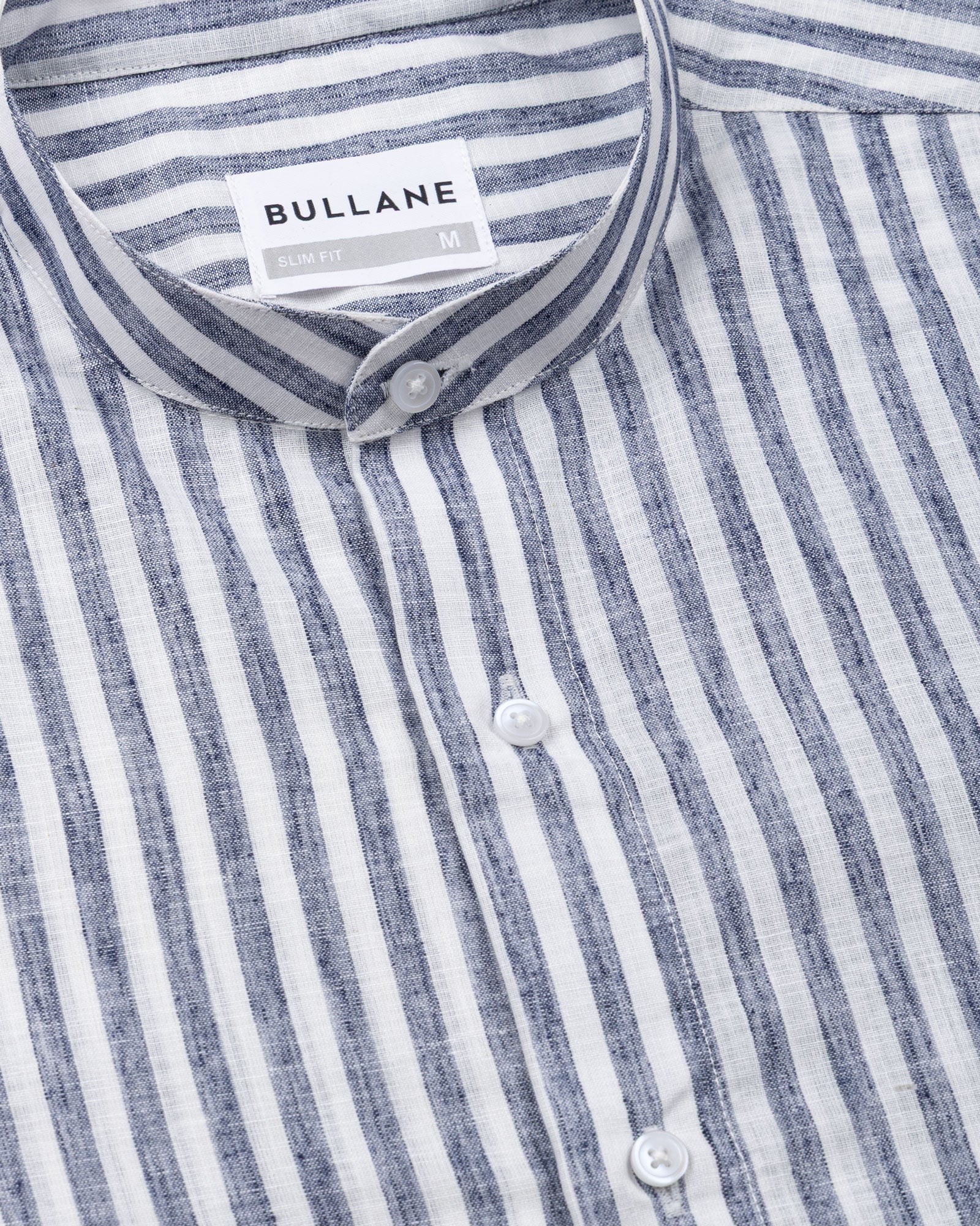 Axelts Navy Blue Linen Stripe Mandarin Shirt - Bullane