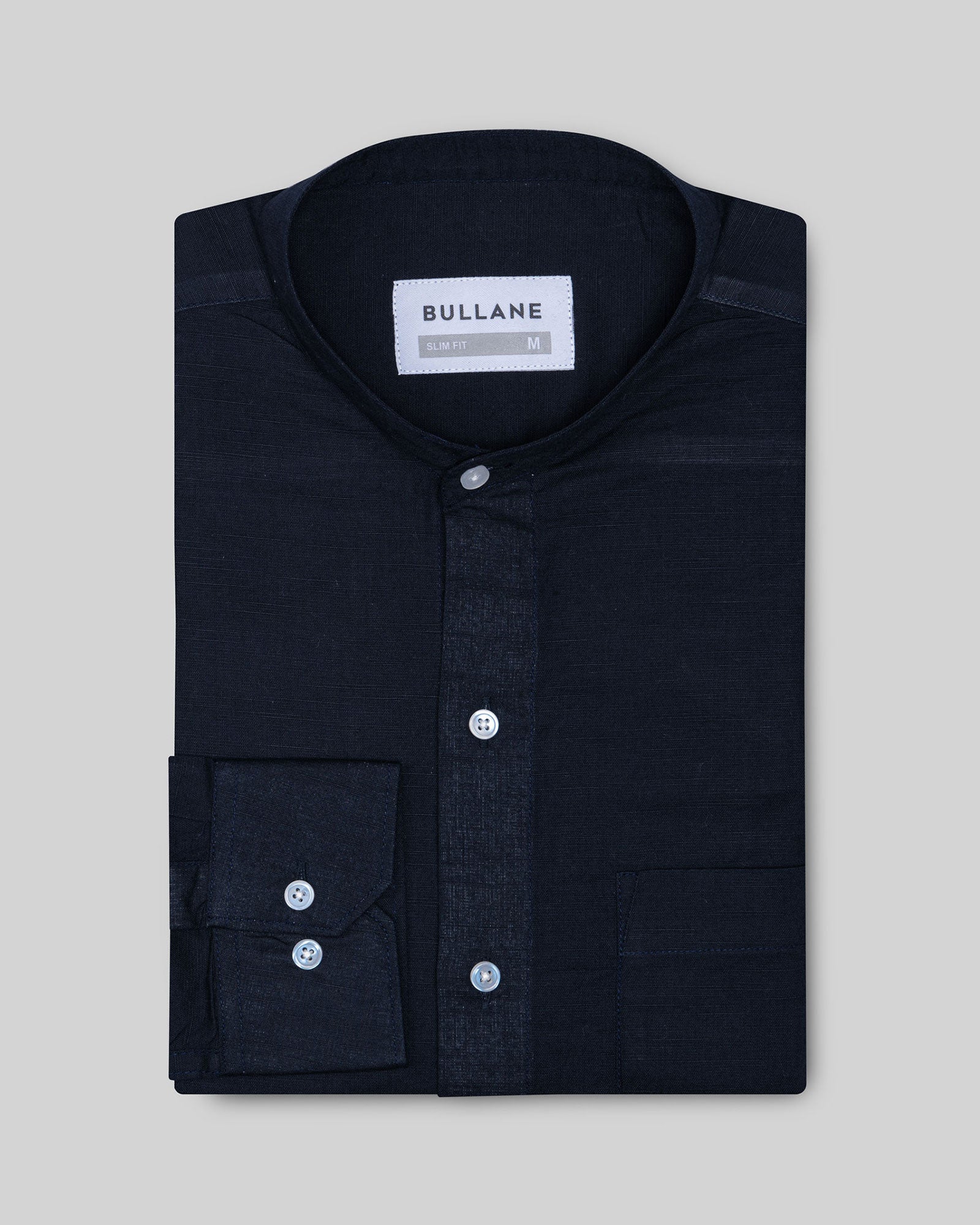 Axors Navy Blue Linen Plain Mandarin Shirt - Bullane
